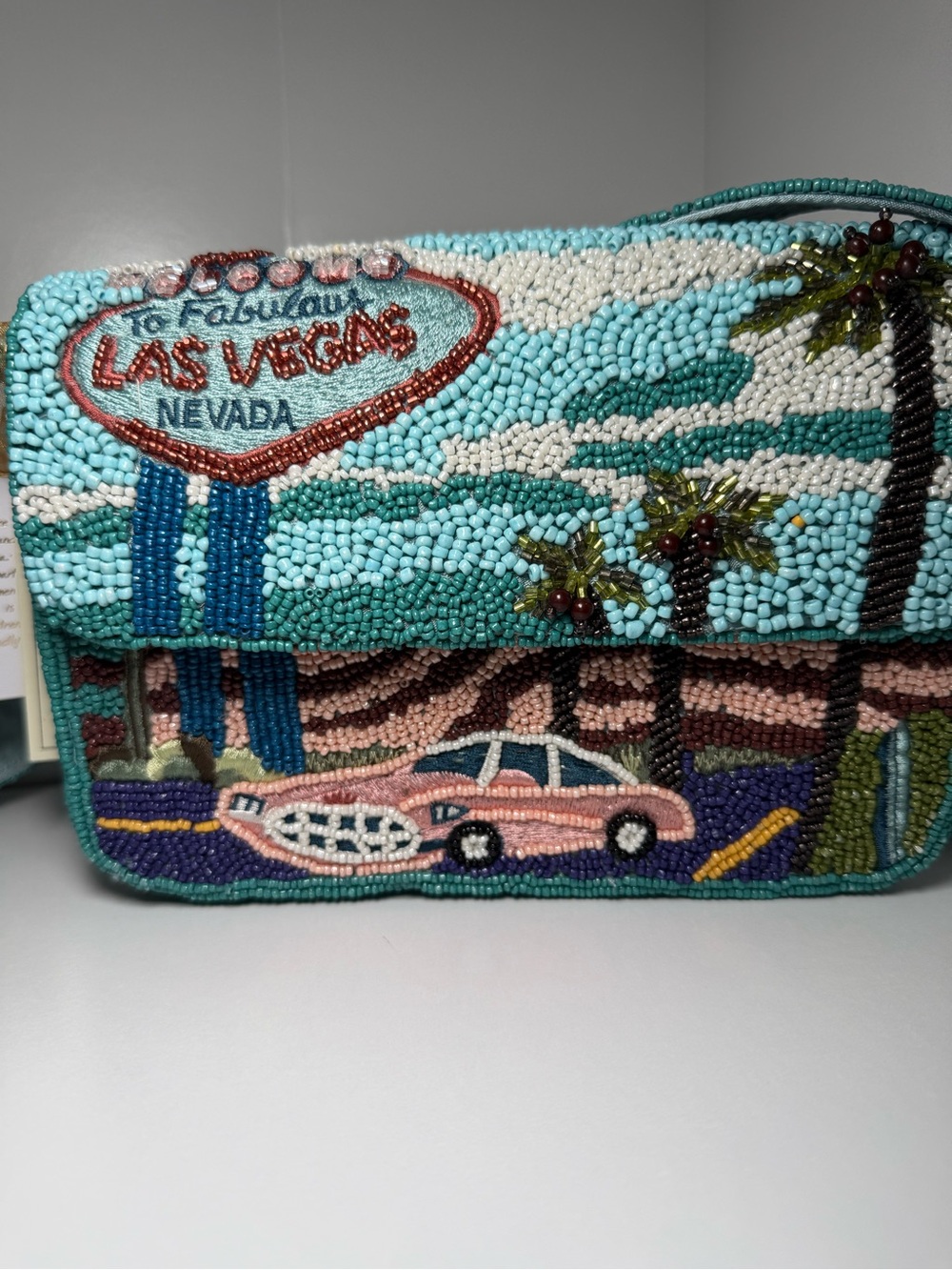 Beaded Las Vegas Scene Bag in Turquoise and Pink